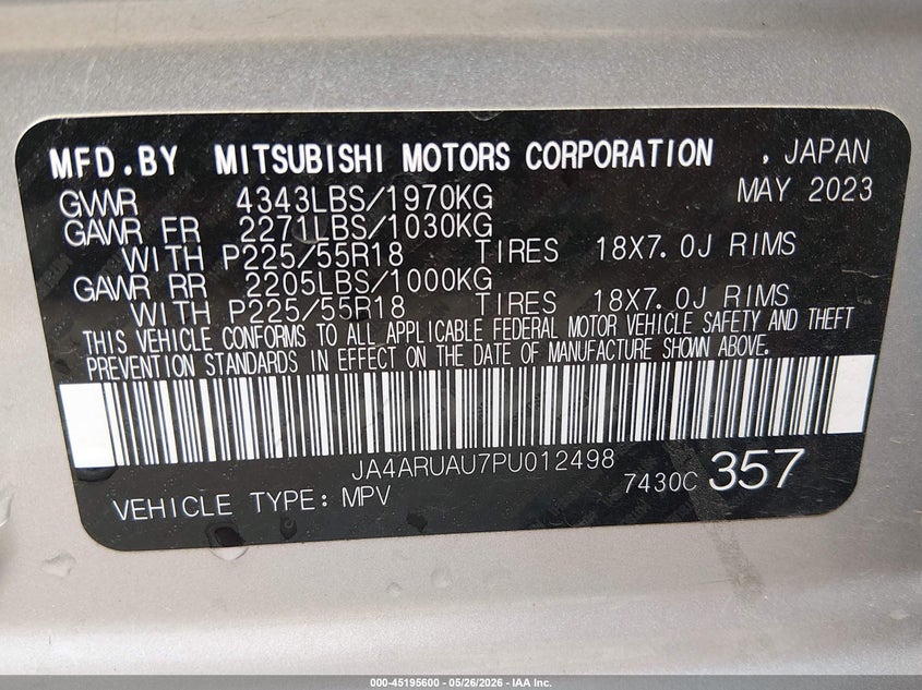 2023 Mitsubishi Outlander VIN JA4ARUAU7PU012498 IAAI salvage auction — LEFT FRONT, Wait Title, sold $2,700 on 2026-09-13 (photo 9)