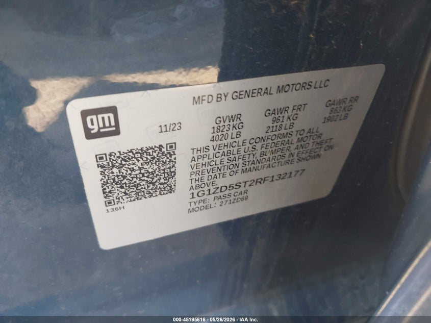 2024 Chevrolet Malibu VIN 1G1ZD5ST2RF132177 IAAI salvage auction — HAIL, Salvage Title, sold $7,500 on 2026-09-02 (photo 9)