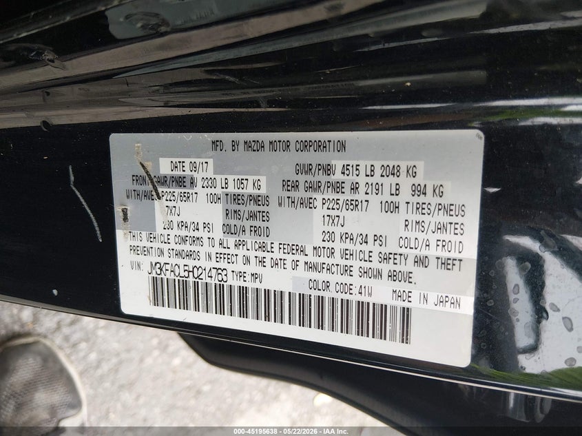 2017 Mazda Cx-5 VIN JM3KFACL5H0214763 IAAI salvage auction — HAIL, Salvage (Missouri), sold $4,700 on 2026-07-07 (photo 9)