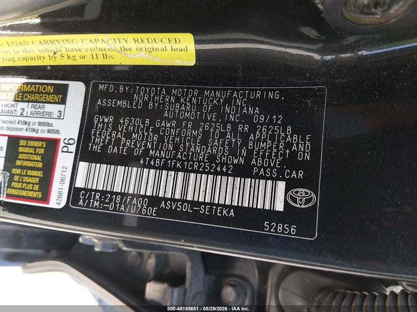 2012 Toyota Camry VIN 4T4BF1FK1CR252442 IAAI salvage auction — FRONT END, Salvage Title, sold $625 on 2026-07-28 (photo 9)