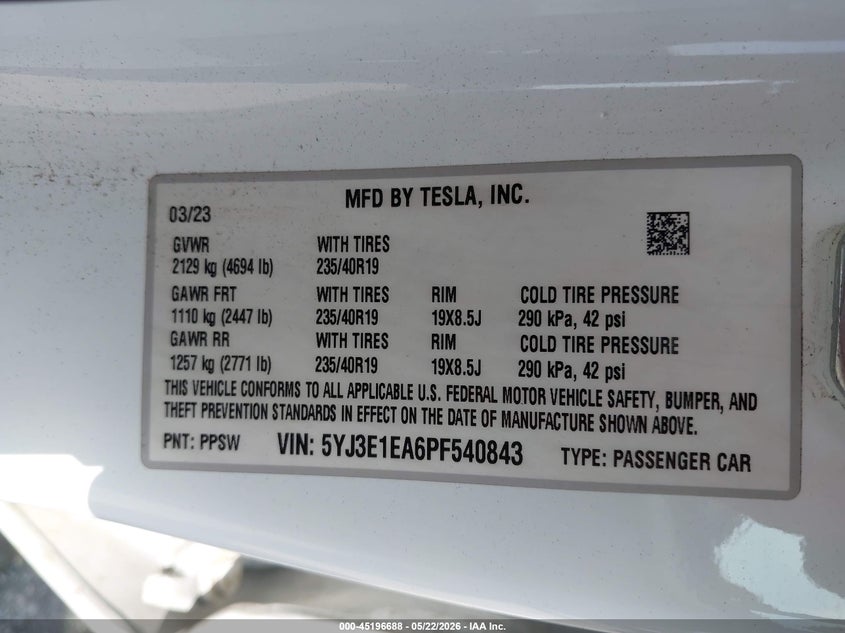 2023 Tesla Model 3 VIN 5YJ3E1EA6PF540843 IAAI salvage auction — REAR END, Salvage (California), sold $5,200 on 2026-07-28 (photo 9)
