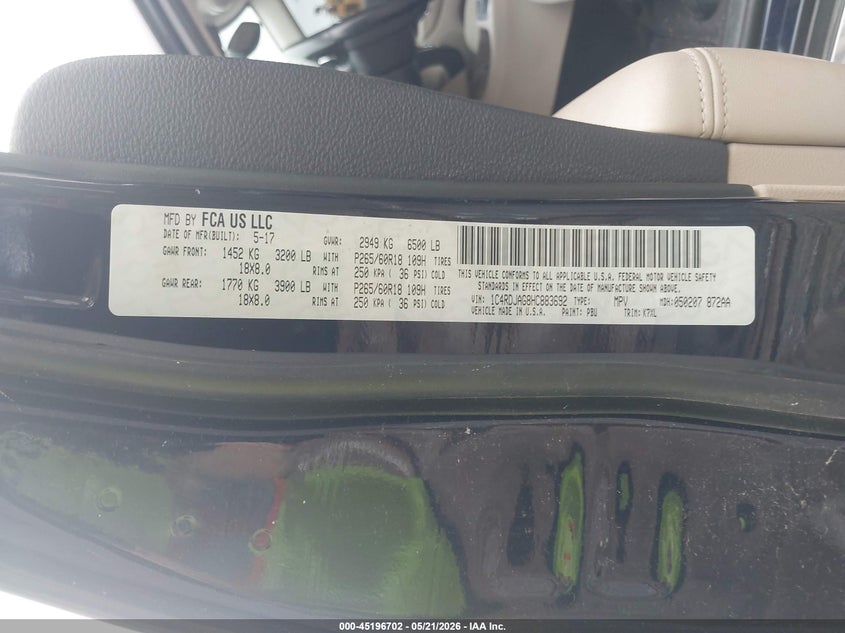 2017 Dodge Durango VIN 1C4RDJAG8HC883692 IAAI salvage auction — ELECTRICAL, Sf97 (Virginia), sold $5,275 on 2026-07-31 (photo 9)