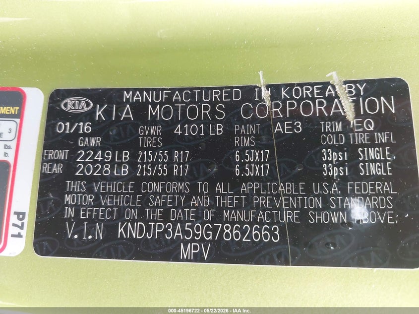 2016 Kia Soul VIN KNDJP3A59G7862663 IAAI salvage auction — LEFT FRONT, Clear (Tennessee), sold $1,525 on 2026-07-08 (photo 9)