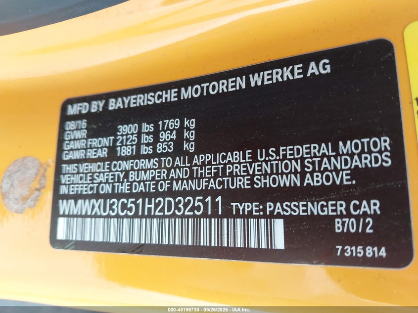 2017 Mini Hard top VIN WMWXU3C51H2D32511 IAAI salvage auction — NORMAL WEAR, Salvage Title, sold $1,100 on 2026-07-21 (photo 9)