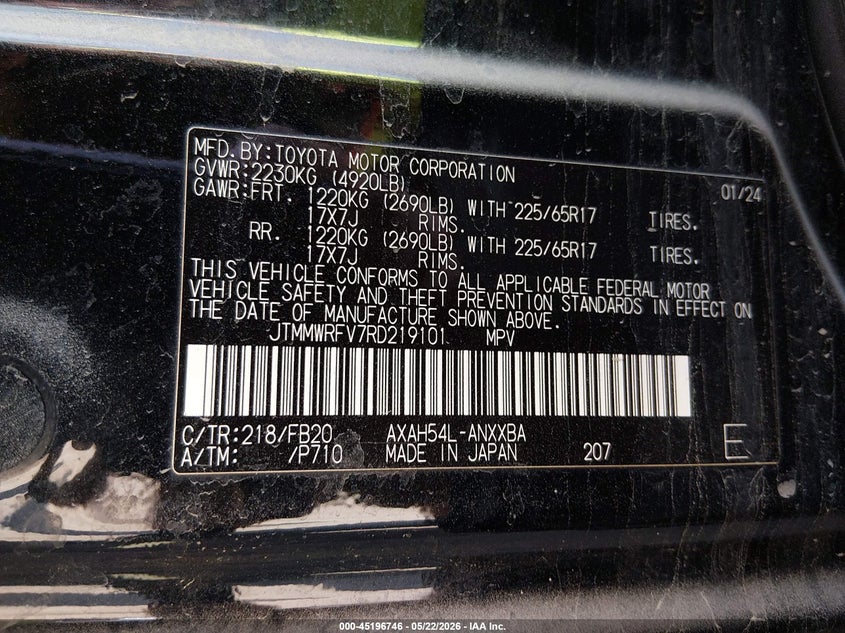 2024 Toyota Rav 4 VIN JTMMWRFV7RD219101 IAAI salvage auction — FRONT & REAR, Salvage (California), sold $15,500 on 2026-07-22 (photo 9)