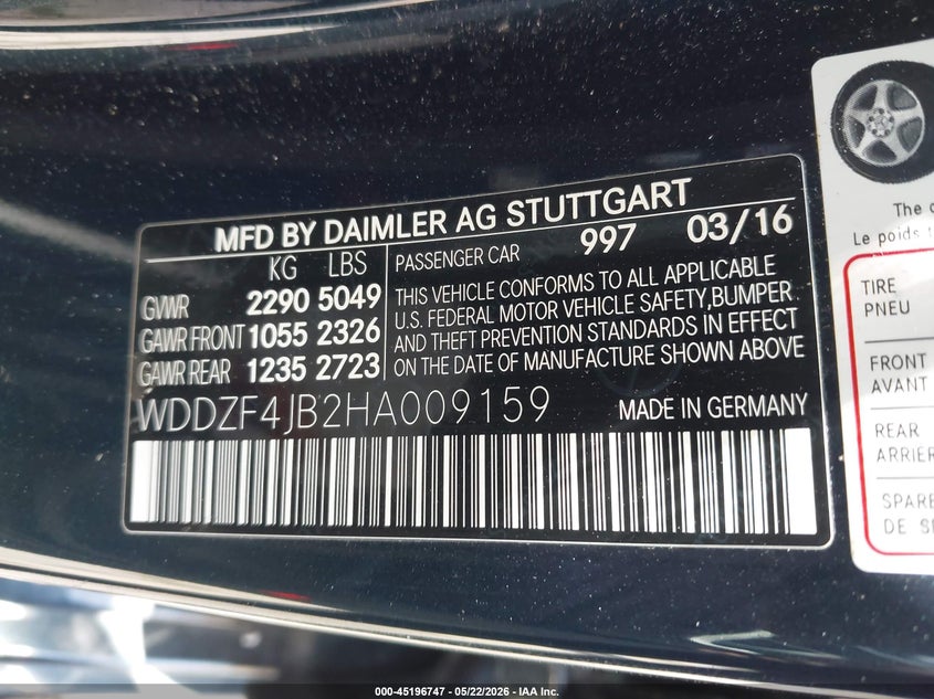 2017 Mercedes-benz VIN WDDZF4JB2HA009159 IAAI salvage auction — REAR END, Salvage (California), sold $5,600 on 2026-07-29 (photo 9)