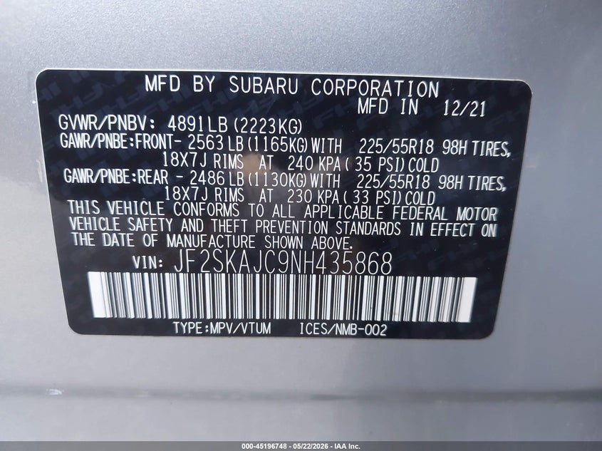 2022 Subaru Forester VIN JF2SKAJC9NH435868 IAAI salvage auction — RIGHT FRONT, Salvage (Oregon), sold $6,750 on 2026-07-07 (photo 9)