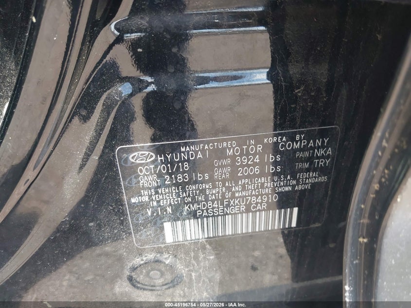 2019 Hyundai Elantra VIN KMHD84LFXKU784910 IAAI salvage auction — FRONT END, Salvage Title, sold $2,000 on 2026-07-16 (photo 9)