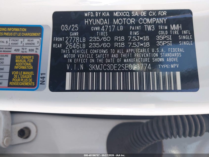 2025 Hyundai Tucson VIN 3KMJC3DE2SE023774 IAAI salvage auction — FRONT END, Salvage Title, sold $10,100 on 2026-07-05 (photo 9)