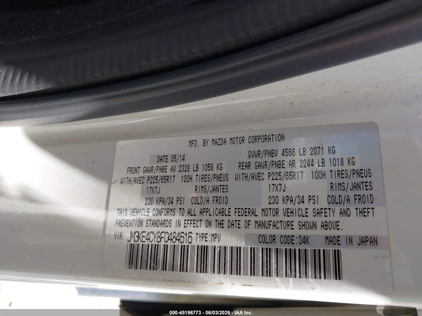 2015 Mazda Cx-5 VIN JM3KE4CY8F0484616 IAAI salvage auction — FRONT END, Clear (Virginia), sold $3,250 on 2026-07-07 (photo 9)