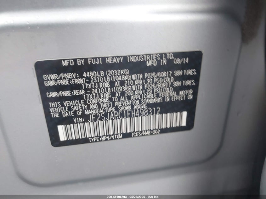 2015 Subaru Forester VIN JF2SJARC1FH498312 IAAI salvage auction — FRONT END, Salvage (Virginia), sold $800 on 2026-07-14 (photo 9)