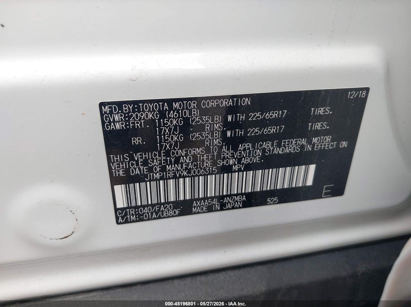 2019 Toyota Rav 4 VIN JTMP1RFV9KJ006315 IAAI salvage auction — HAIL, Salvage (Ohio), sold $1,050 on 2026-07-21 (photo 9)