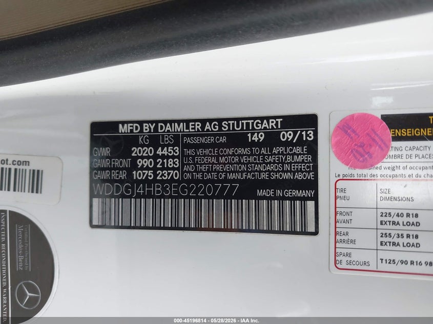 2014 Mercedes-benz C-klasse VIN WDDGJ4HB3EG220777 IAAI salvage auction — HAIL, Salvage Title, sold $2,800 on 2026-07-28 (photo 9)