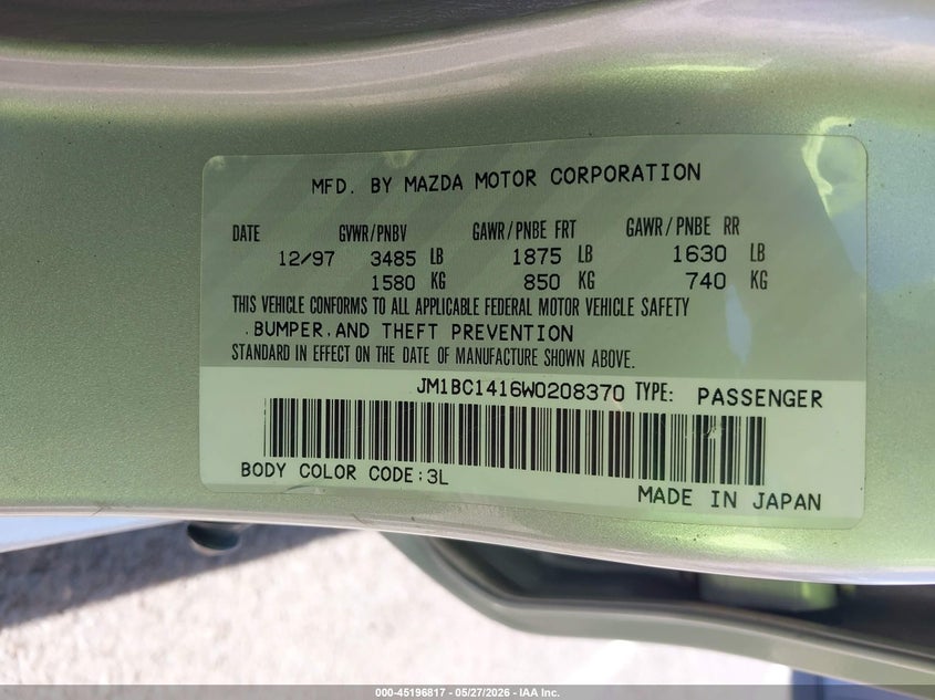 1998 Mazda Protege VIN JM1BC1416W0208370 IAAI salvage auction — NORMAL WEAR, Clear (Hawaii), sold $1,700 on 2026-07-14 (photo 9)