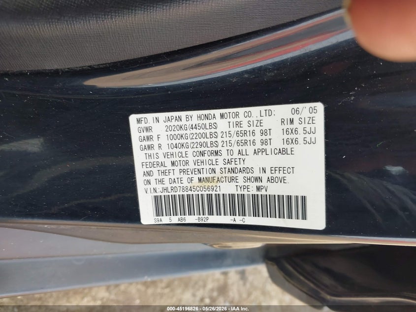 2005 Honda Cr-v VIN JHLRD78845C056921 IAAI salvage auction — REAR END, Salvage (Illinois), sold $650 on 2026-07-22 (photo 9)