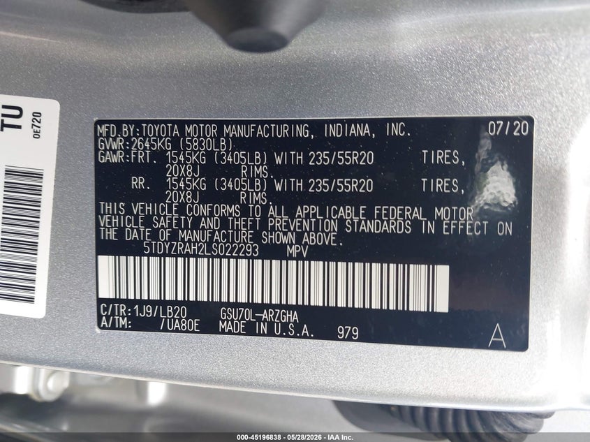 2020 Toyota Highlander VIN 5TDYZRAH2LS022293 IAAI salvage auction — FRONT END, Salvage Title, sold $10,600 on 2026-07-31 (photo 9)