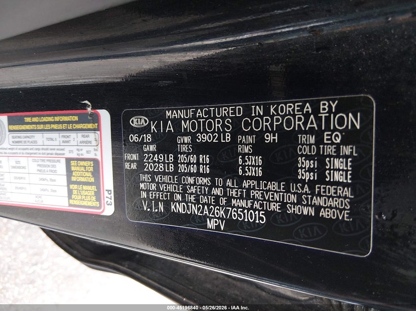 2019 Kia Soul VIN KNDJN2A26K7651015 IAAI salvage auction — HAIL, Salvage Title, sold $1,275 on 2026-07-14 (photo 9)