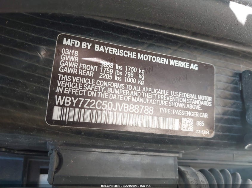 2018 BMW I3 VIN WBY7Z2C50JVB88788 IAAI salvage auction — FRONT END, Salvage Title, sold $1,800 on 2026-07-24 (photo 9)