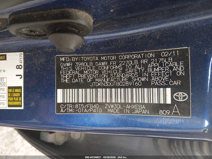 2011 Toyota Prius VIN JTDKN3DU1B0289160 IAAI salvage auction — NORMAL WEAR, Clear (Virginia), sold $1,200 on 2026-07-24 (photo 9)
