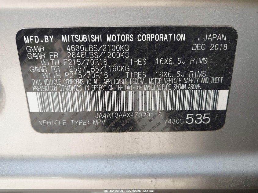 2019 Mitsubishi Eclipse cross VIN JA4AT3AAXKZ029115 IAAI salvage auction — FRONT END, Salvage Title, sold $1,700 on 2026-07-09 (photo 9)