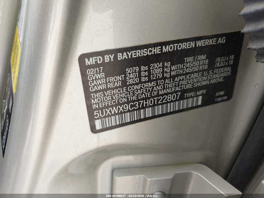 2017 BMW X3 VIN 5UXWX9C37H0T22807 IAAI salvage auction — NORMAL WEAR, Certificate Of Title (Nebraska), sold $700 on 2026-07-09 (photo 9)