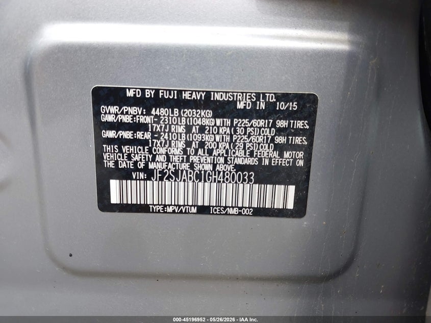 2016 Subaru Forester VIN JF2SJABC1GH480033 IAAI salvage auction — LEFT FRONT, Salvage (Ohio), sold $850 on 2026-07-08 (photo 9)