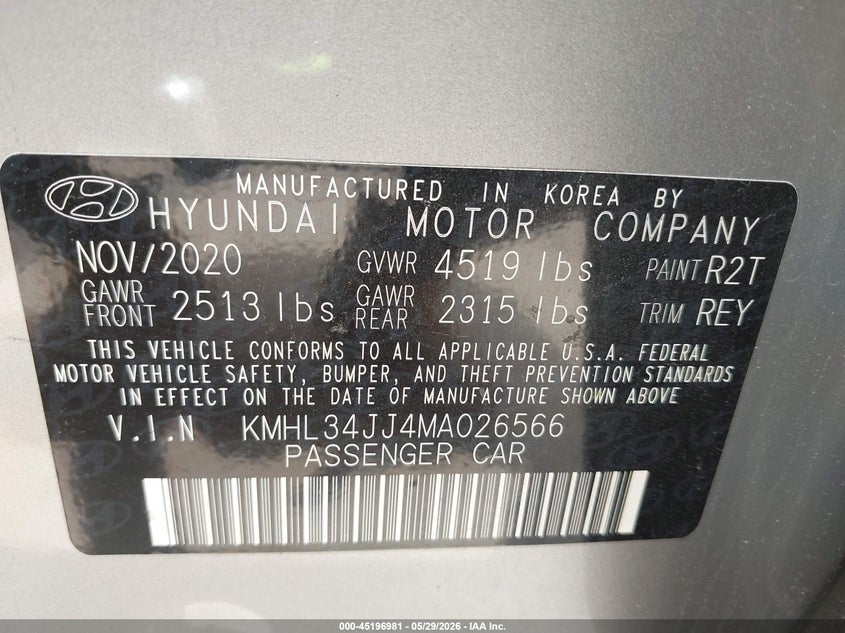 2021 Hyundai Sonata VIN KMHL34JJ4MA026566 IAAI salvage auction — WATER/FLOOD, Salvage Title, sold $2,550 on 2026-07-21 (photo 9)