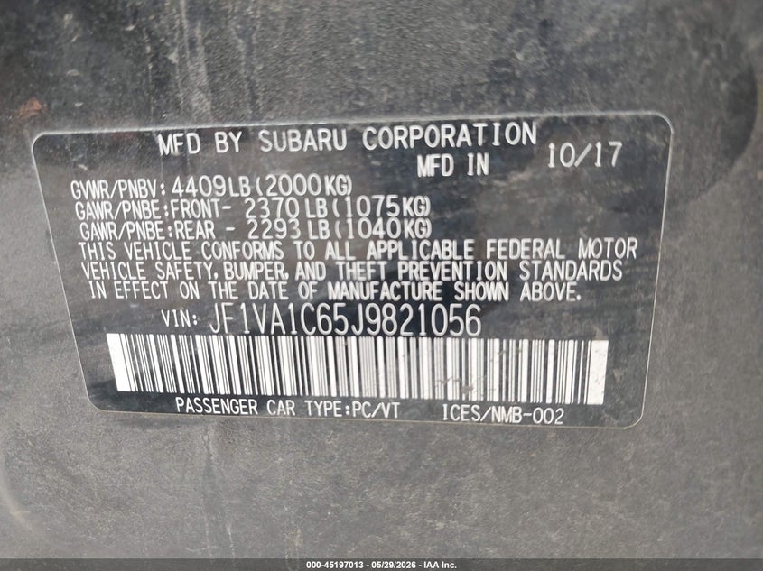2018 Subaru Wrx VIN JF1VA1C65J9821056 IAAI salvage auction — LEFT & RIGHT, Salvage Title, sold $2,350 on 2026-07-07 (photo 9)