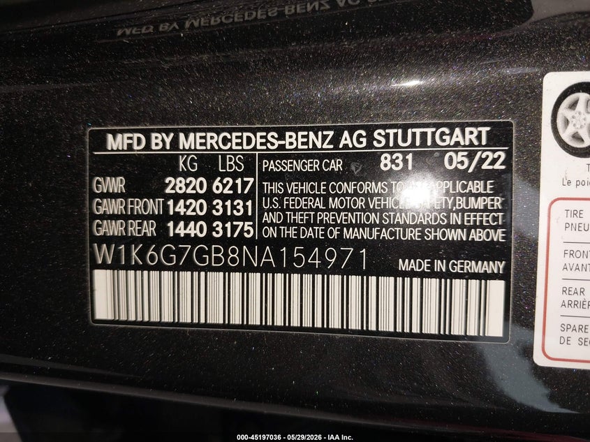 2022 Mercedes-benz S-klasse VIN W1K6G7GB8NA154971 IAAI salvage auction — WATER/FLOOD, Salvage Title, sold $23,100 on 2026-07-28 (photo 9)