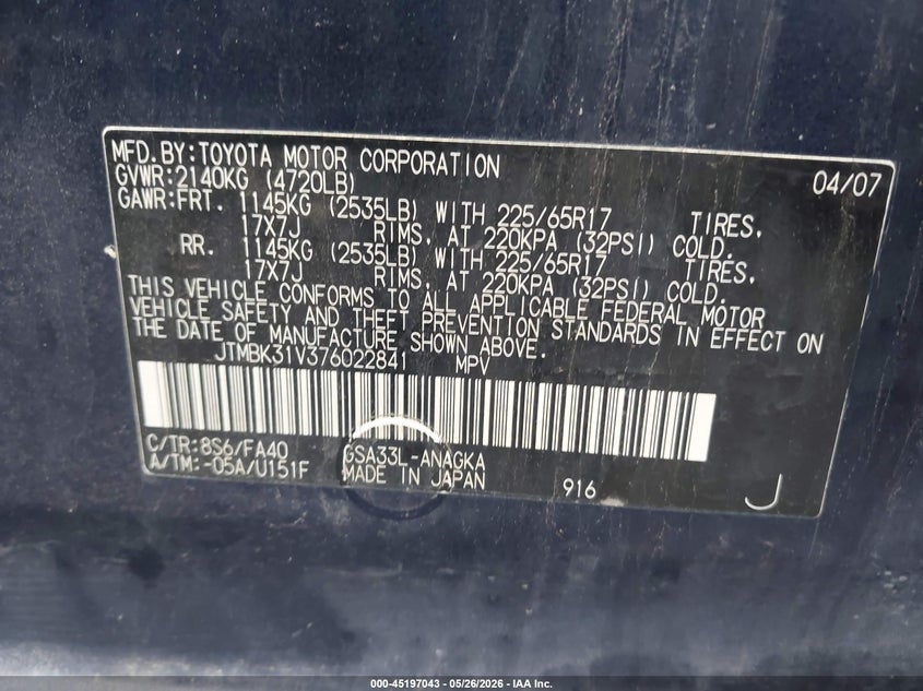 2007 Toyota Rav4 VIN JTMBK31V376022841 IAAI salvage auction — NORMAL WEAR, Clear (Virginia), sold $825 on 2026-07-21 (photo 9)