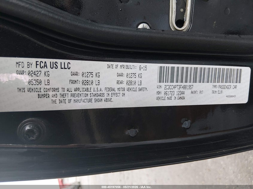 2015 Chrysler 300c VIN 2C3CCAPT3FH881957 IAAI salvage auction — FRONT END, Salvage (Louisiana), sold $1,800 on 2026-07-27 (photo 9)