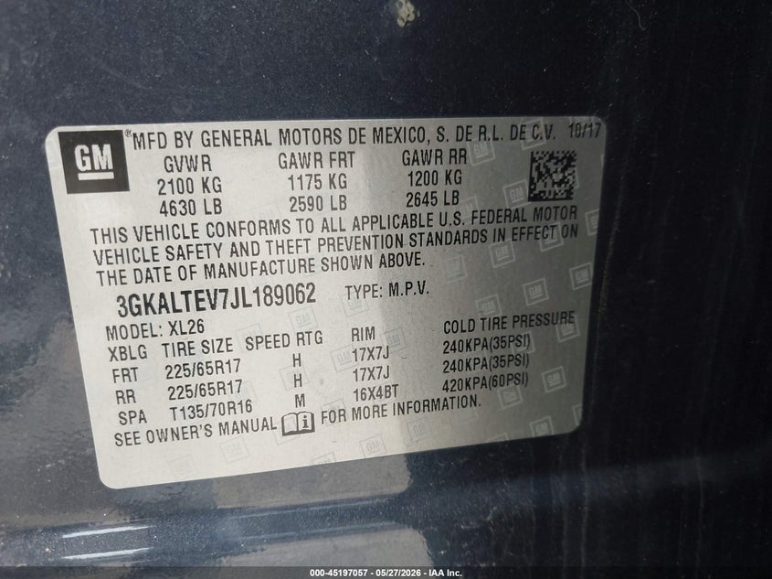 2018 Gmc Terrain VIN 3GKALTEV7JL189062 IAAI salvage auction — REAR END, Salvage Title, sold $2,550 on 2026-07-31 (photo 9)