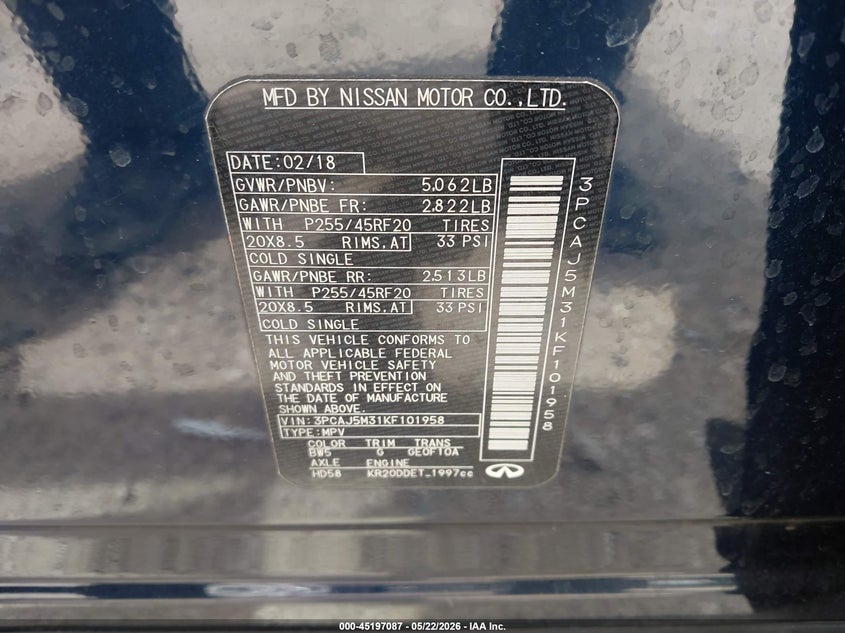 2019 Infiniti Qx50 VIN 3PCAJ5M31KF101958 IAAI salvage auction — FRONT END, Salvage Title, sold $5,100 on 2026-08-26 (photo 9)