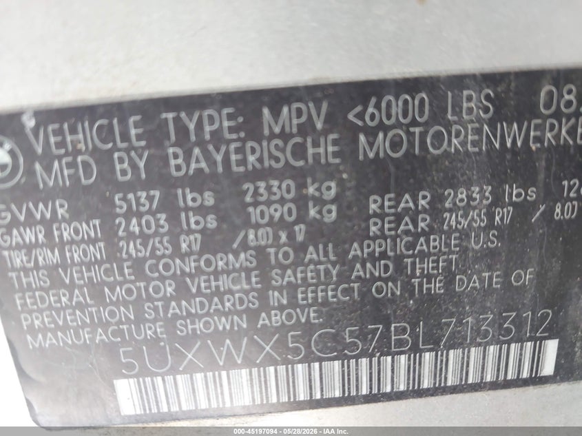 2011 BMW X3 VIN 5UXWX5C57BL713312 IAAI salvage auction — NORMAL WEAR, Original (Ohio), sold $300 on 2026-07-07 (photo 9)