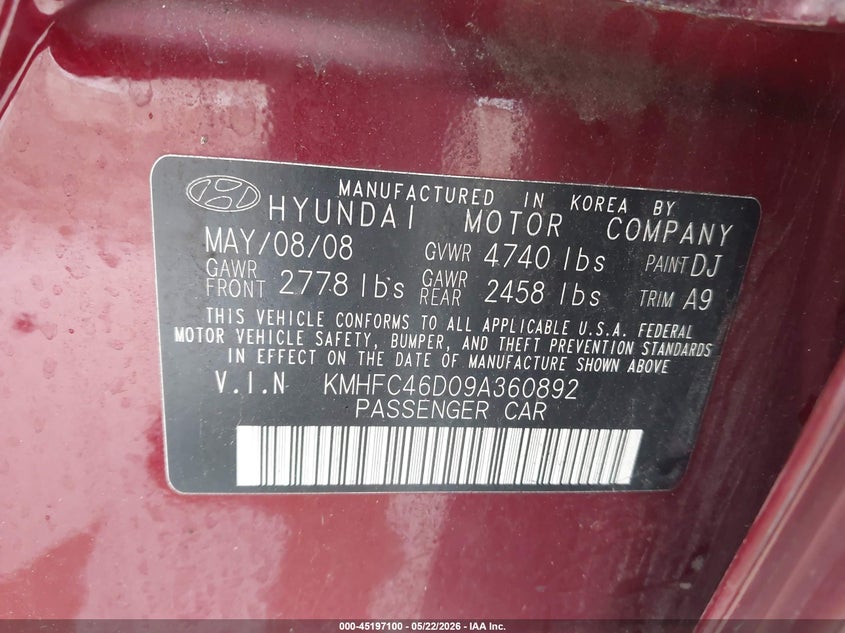 2009 Hyundai Azera VIN KMHFC46D09A360892 IAAI salvage auction — REAR END, Salvage (Ohio), sold $475 on 2026-07-29 (photo 9)