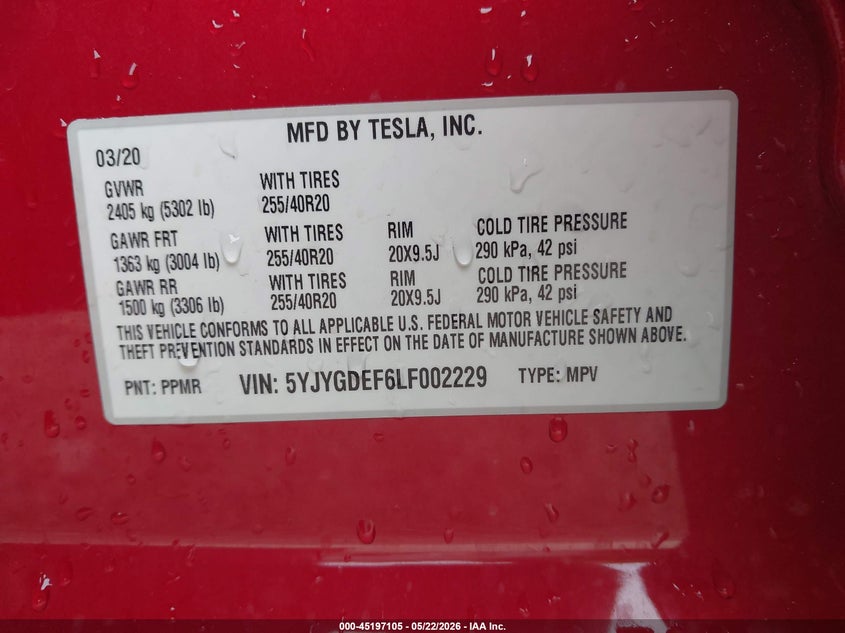 2020 Tesla Model y VIN 5YJYGDEF6LF002229 IAAI salvage auction — LEFT SIDE, Salvage (Ohio), sold $5,350 on 2026-07-06 (photo 9)