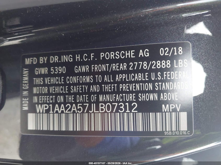 2018 Porsche Macan VIN WP1AA2A57JLB07312 IAAI salvage auction — REAR END, Original (Texas), sold $12,650 on 2026-07-14 (photo 9)