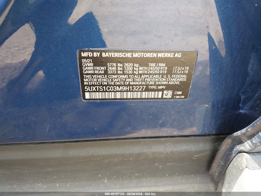 2021 BMW X3 VIN 5UXTS1C03M9H13227 IAAI salvage auction — FRONT END, Salvage (Illinois), sold $11,200 on 2026-08-05 (photo 9)