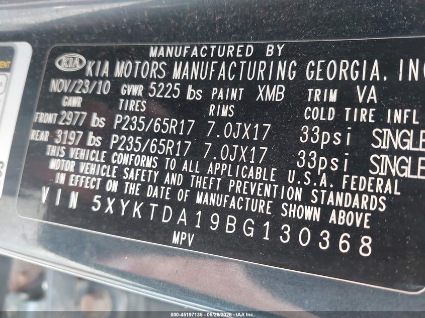 2011 Kia Sorento VIN 5XYKTDA19BG130368 IAAI salvage auction — NORMAL WEAR, Salvage (Texas), sold $450 on 2026-07-20 (photo 9)