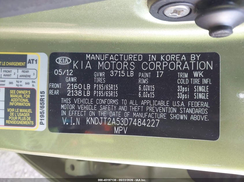 2013 Kia Soul VIN KNDJT2A53D7484227 IAAI salvage auction — LEFT SIDE, Bill Of Sale (Washington), sold $775 on 2026-07-14 (photo 9)