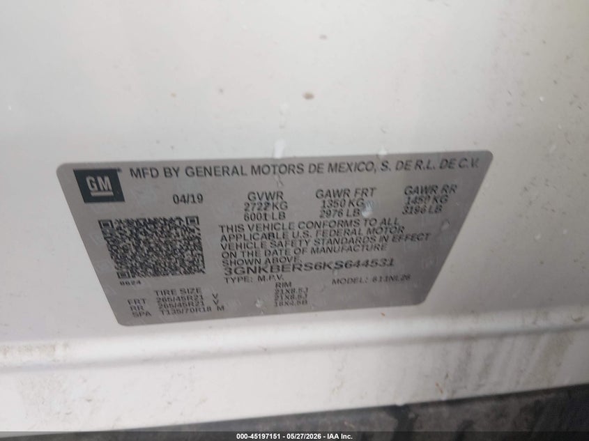 2019 Chevrolet Blazer VIN 3GNKBERS6KS644531 IAAI salvage auction — FRONT & REAR, Clear (Oklahoma), sold $4,300 on 2026-08-01 (photo 9)
