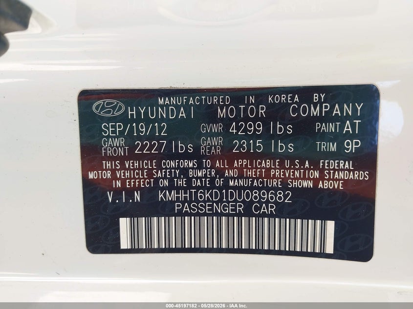 2013 Hyundai Genesis VIN KMHHT6KD1DU089682 IAAI salvage auction — RIGHT REAR, Salvage Title, sold $1,700 on 2026-07-14 (photo 9)