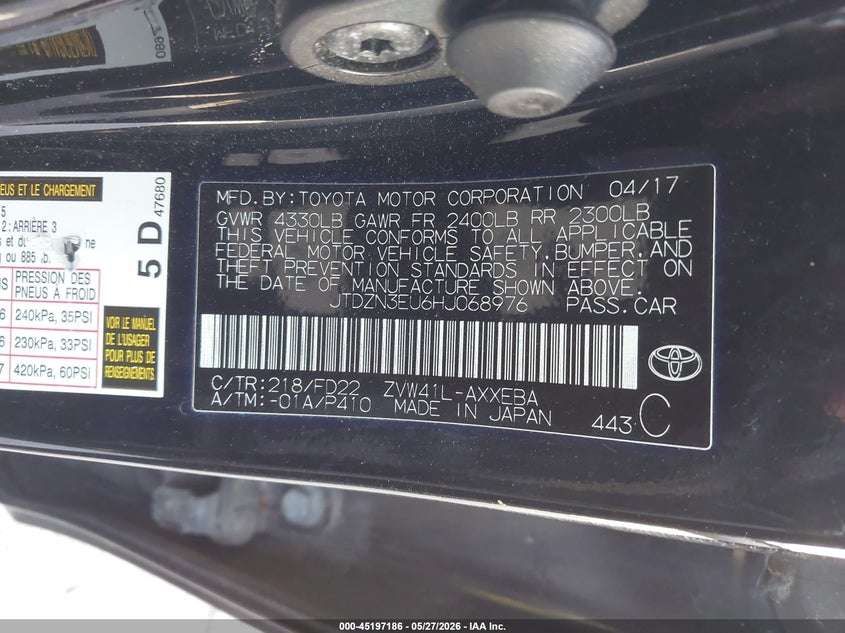 2017 Toyota Prius v VIN JTDZN3EU6HJ068976 IAAI salvage auction — FRONT END, Salvage (New Hampshire), sold $1,700 on 2026-07-12 (photo 9)