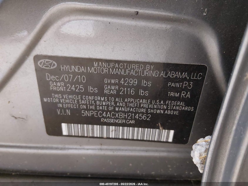 2011 Hyundai Sonata VIN 5NPEC4ACXBH214562 IAAI salvage auction — FRONT END, Salvage (North Carolina), sold $225 on 2026-07-27 (photo 9)