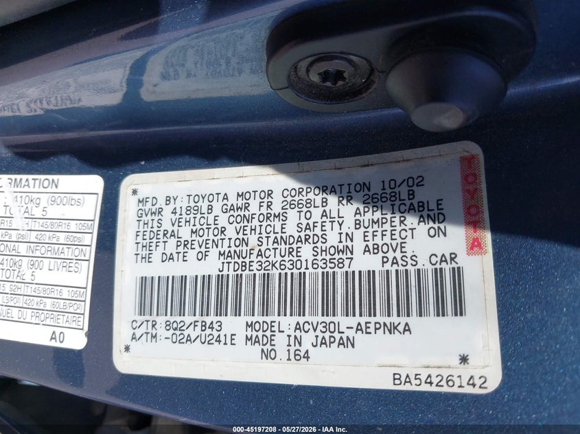 2003 Toyota Camry VIN JTDBE32K630163587 IAAI salvage auction — LEFT SIDE, Salvage (Oregon), sold $250 on 2026-07-09 (photo 9)