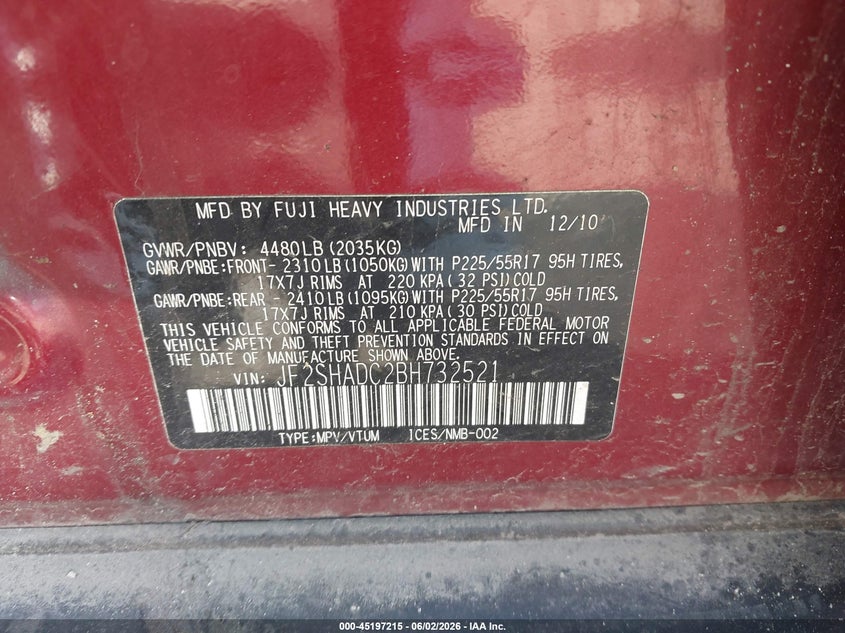 2011 Subaru Forester VIN JF2SHADC2BH732521 IAAI salvage auction — LEFT SIDE, Salvage - 75% Or Less (Maryland), sold $400 on 2026-07-09 (photo 9)