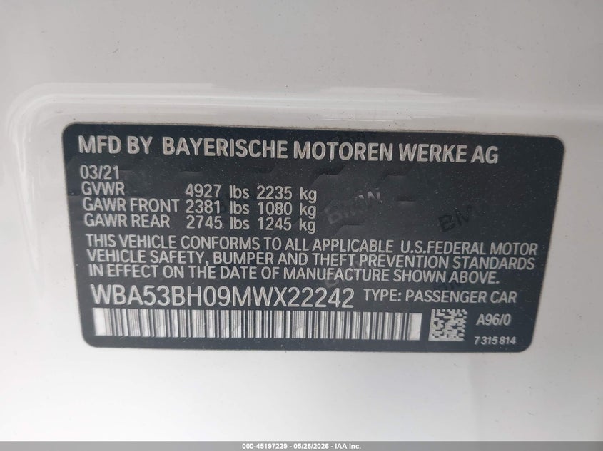 2021 BMW 5er VIN WBA53BH09MWX22242 IAAI salvage auction — RIGHT FRONT, Salvage Title, sold $12,600 on 2026-07-10 (photo 9)