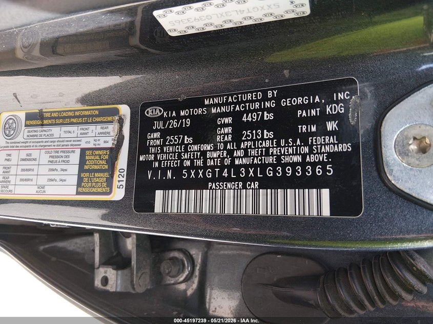 2020 Kia Optima VIN 5XXGT4L3XLG393365 IAAI salvage auction — UNKNOWN, Clear (Colorado), sold $4,275 on 2026-07-21 (photo 9)