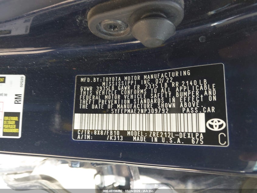 2022 Toyota Corolla VIN 5YFEPMAE2NP309792 IAAI salvage auction — ROLLOVER, Salvage (Texas), sold $1,250 on 2026-07-29 (photo 9)