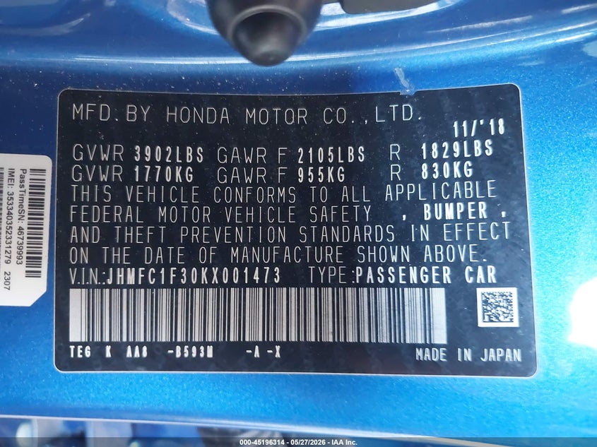 2019 Honda Civic VIN JHMFC1F30KX001473 IAAI salvage auction — FRONT END, Salvage (California), sold $2,275 on 2026-07-14 (photo 9)